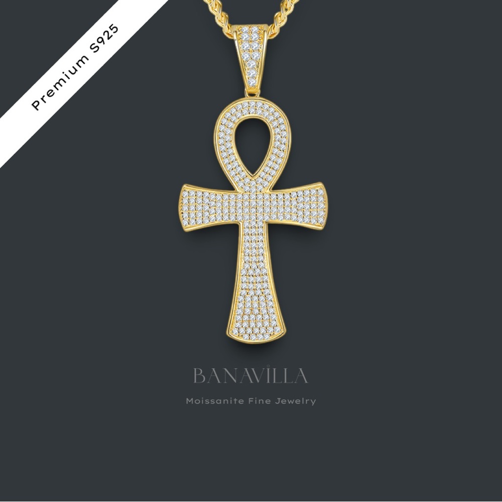 S925 Moissanite Ankh Cross Necklace Pendant (No Chain) 18k Yellow Gold Plate - Picture 8 of 8